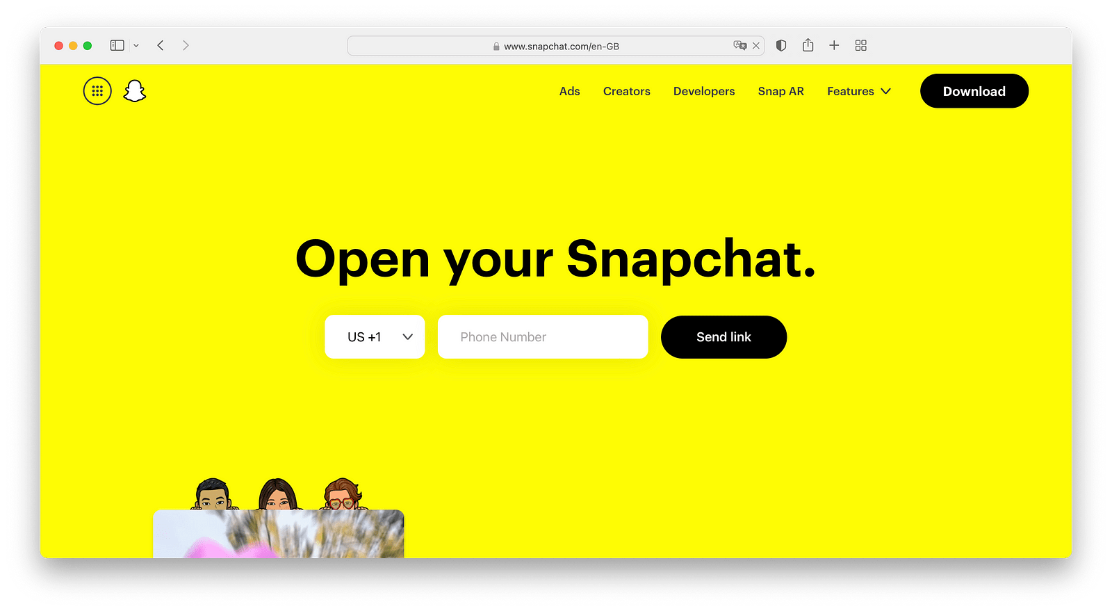 Snapchat website with form for a phone number to get the download link