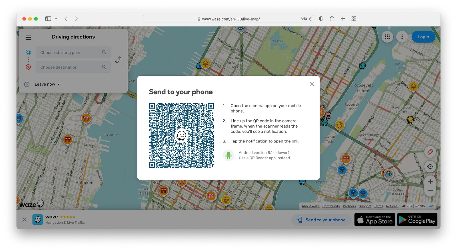 Waze website with the QR code link to download the app
